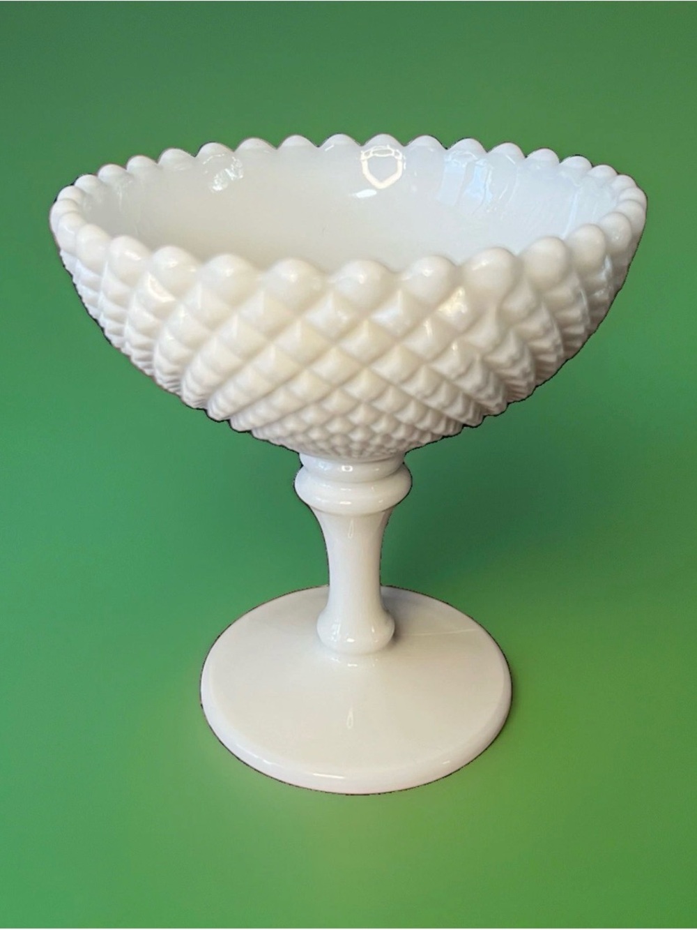 Vintage Westmoreland Milk Glass Diamond Hobnail Pedestal Compote Candy Dish MCM
